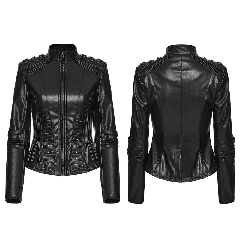 Cyberpunk-Jacke für Damen aus Kunstleder mit Schnallen an den Schultern, Reißverschluss vorne, Stehkragen und Reißverschluss vorne.