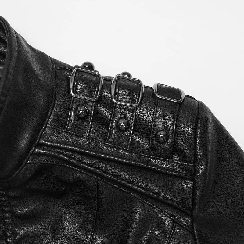 Cyberpunk-Jacke für Damen aus Kunstleder mit Schnallen an den Schultern, Reißverschluss vorne, Stehkragen und Reißverschluss vorne.