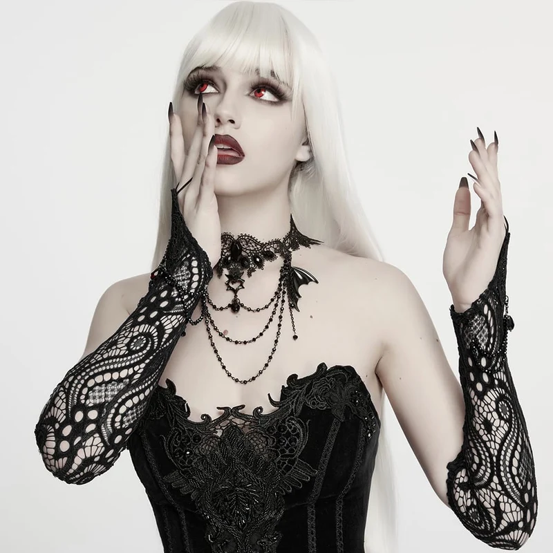 Schwarze lange Gothic-Handschuhe für Damen mit Applikationen und Perlenbesatz