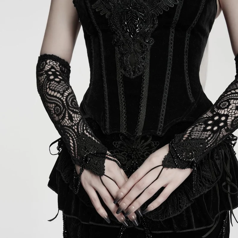 Schwarze lange Gothic-Handschuhe für Damen mit Applikationen und Perlenbesatz