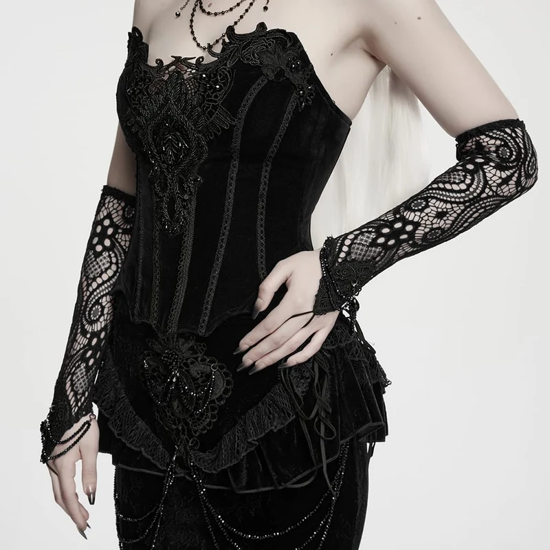 Schwarze lange Gothic-Handschuhe für Damen mit Applikationen und Perlenbesatz