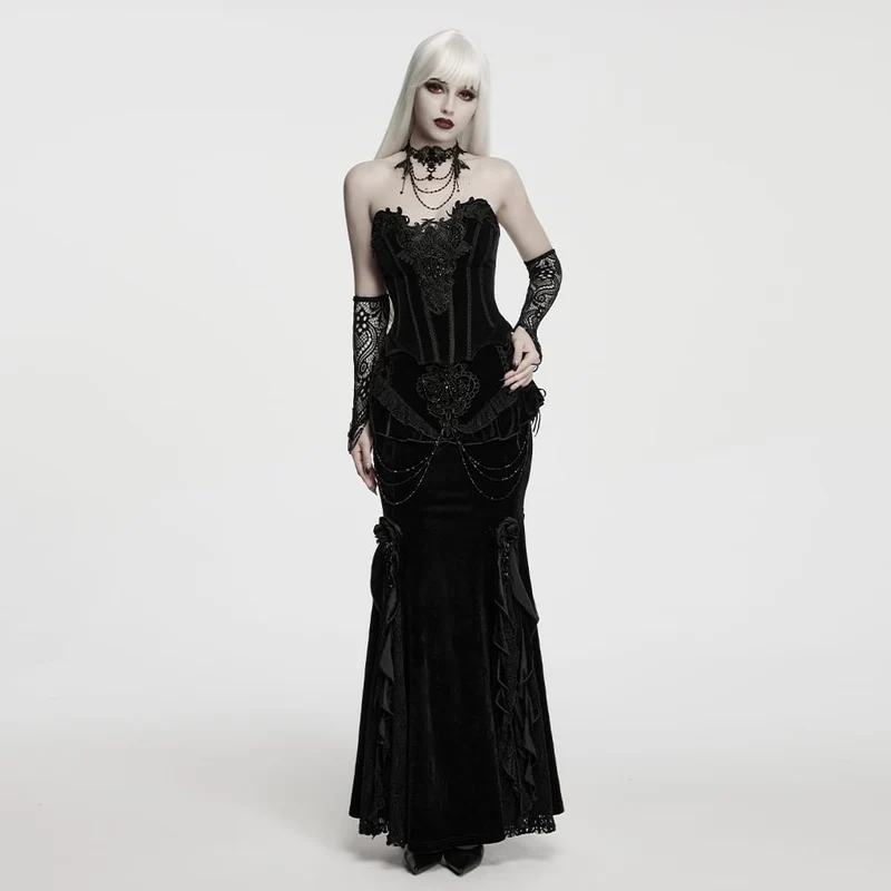 Schwarze lange Gothic-Handschuhe für Damen mit Applikationen und Perlenbesatz
