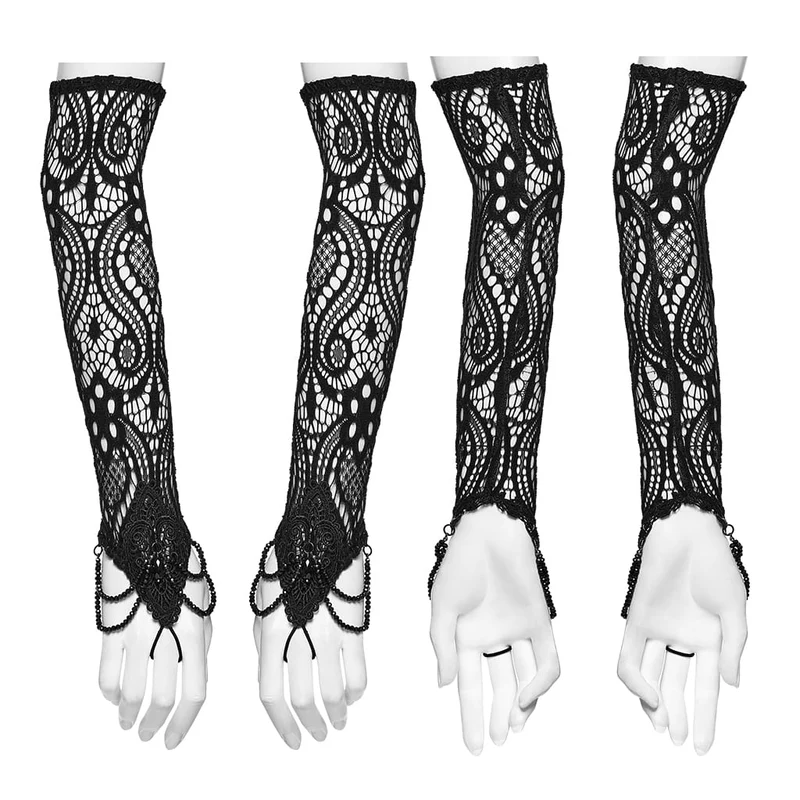 Schwarze lange Gothic-Handschuhe für Damen mit Applikationen und Perlenbesatz