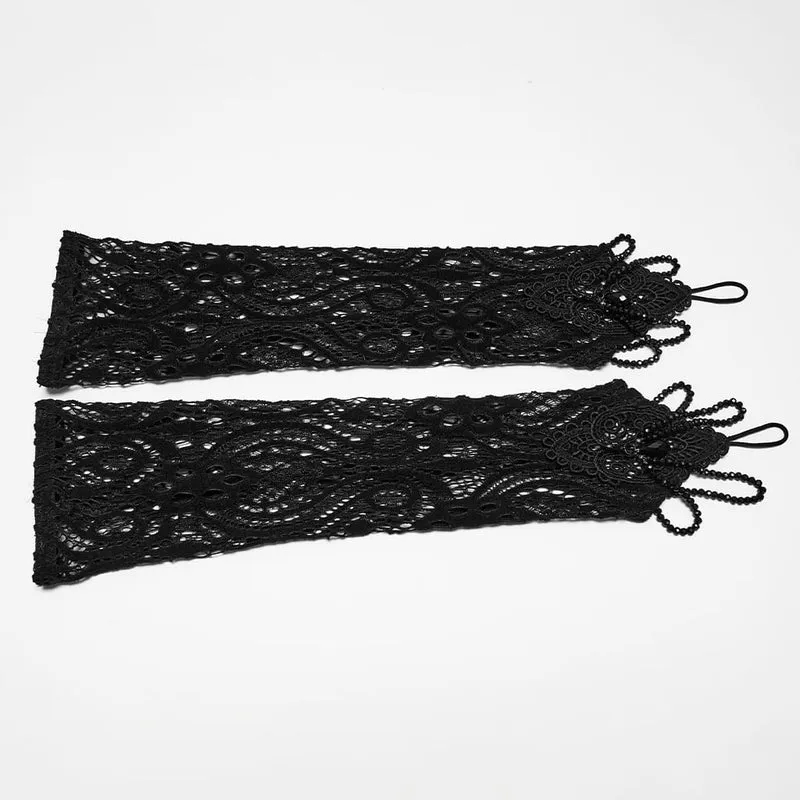 Schwarze lange Gothic-Handschuhe für Damen mit Applikationen und Perlenbesatz