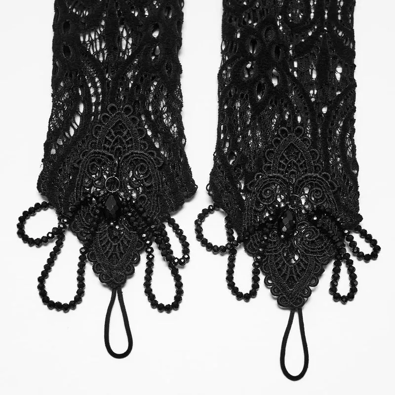 Schwarze lange Gothic-Handschuhe für Damen mit Applikationen und Perlenbesatz
