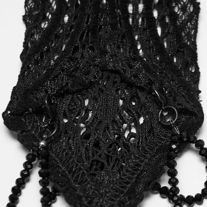 Schwarze lange Gothic-Handschuhe für Damen mit Applikationen und Perlenbesatz