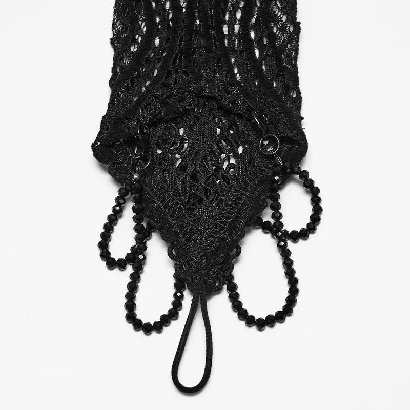 Schwarze lange Gothic-Handschuhe für Damen mit Applikationen und Perlenbesatz