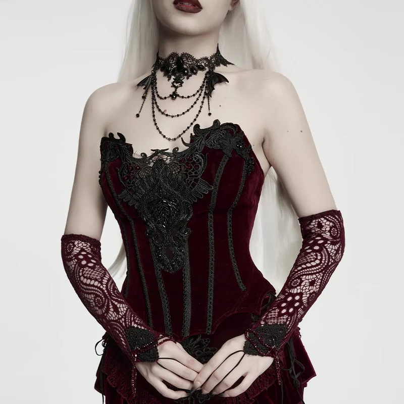 Rote lange Gothic-Handschuhe für Damen mit Applikationen und Perlenbesatz