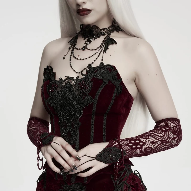 Rote lange Gothic-Handschuhe für Damen mit Applikationen und Perlenbesatz
