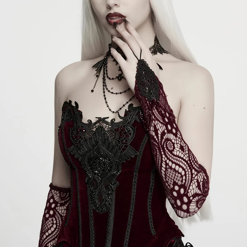 Rote lange Gothic-Handschuhe für Damen mit Applikationen und Perlenbesatz