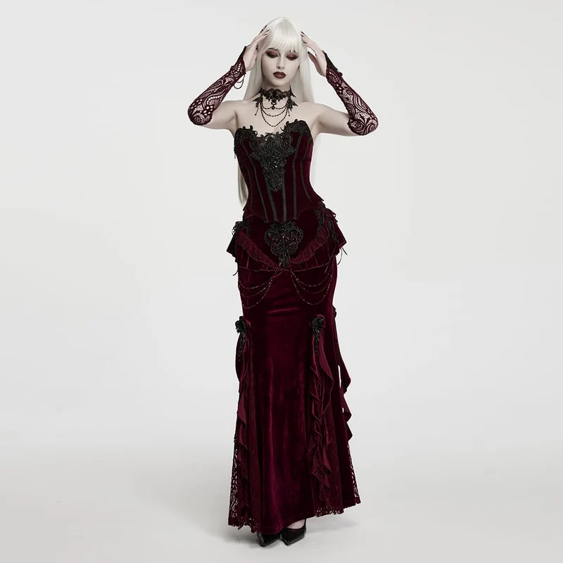 Rote lange Gothic-Handschuhe für Damen mit Applikationen und Perlenbesatz
