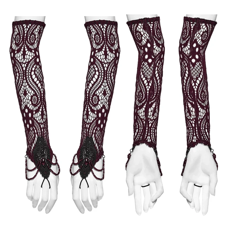 Rote lange Gothic-Handschuhe für Damen mit Applikationen und Perlenbesatz