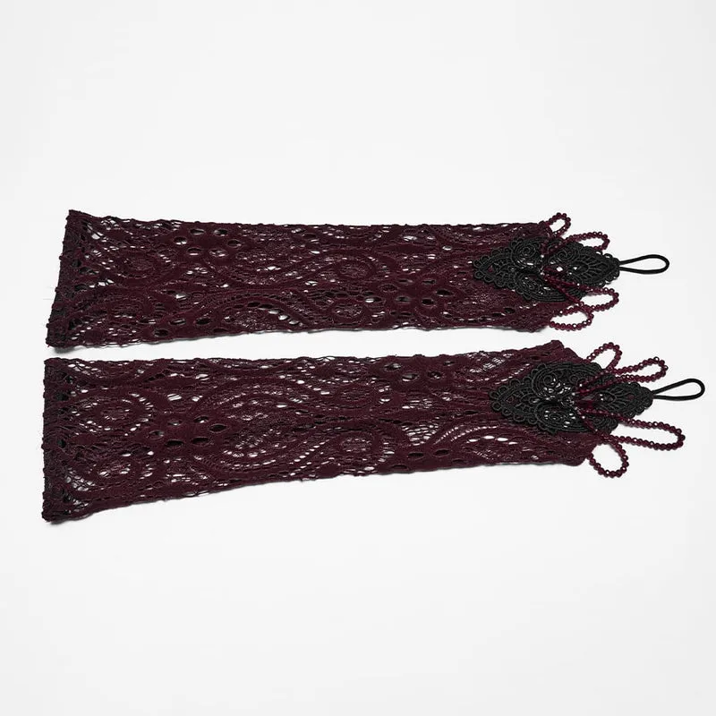 Rote lange Gothic-Handschuhe für Damen mit Applikationen und Perlenbesatz