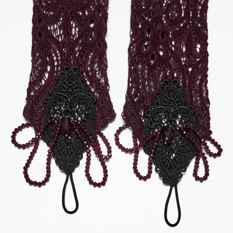 Rote lange Gothic-Handschuhe für Damen mit Applikationen und Perlenbesatz