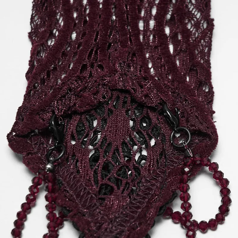 Rote lange Gothic-Handschuhe für Damen mit Applikationen und Perlenbesatz