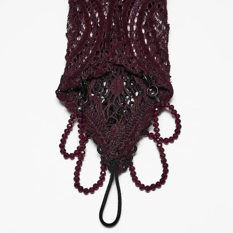 Rote lange Gothic-Handschuhe für Damen mit Applikationen und Perlenbesatz