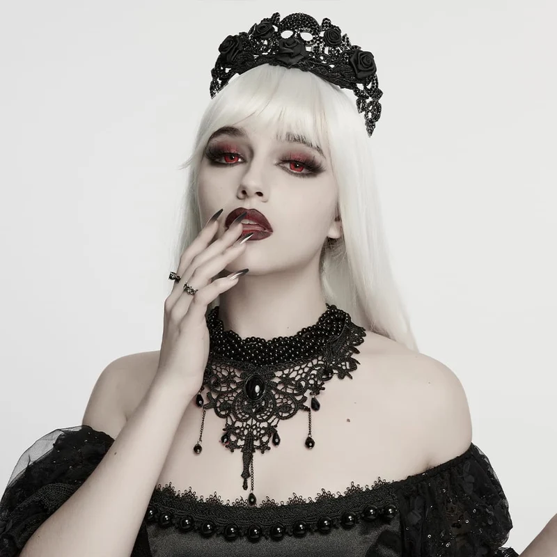 Schwarzes Gothic-Choker aus Spitze mit Perlen für Damen