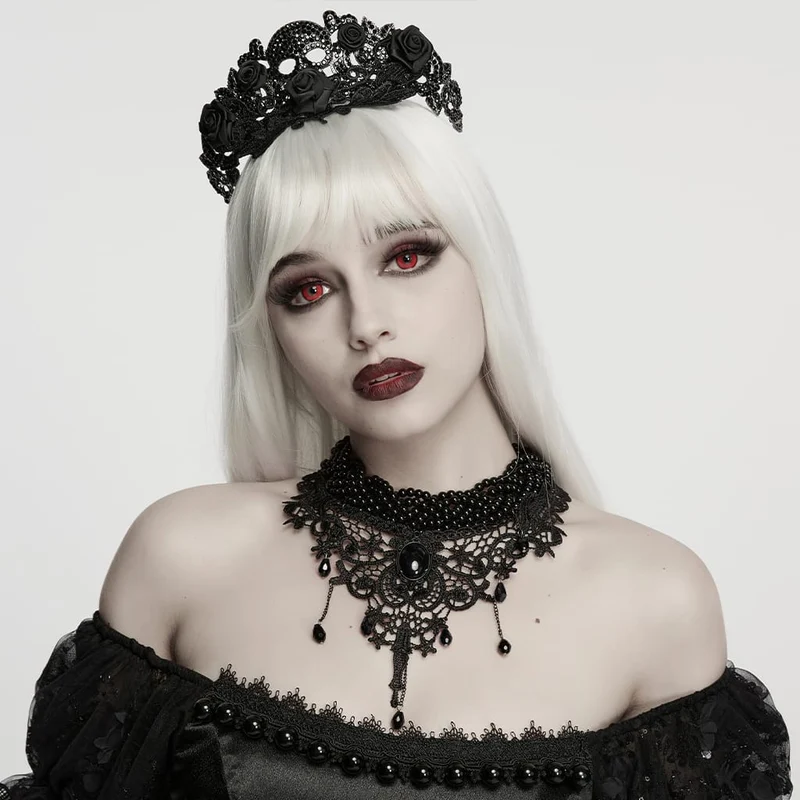 Schwarzes Gothic-Choker aus Spitze mit Perlen für Damen