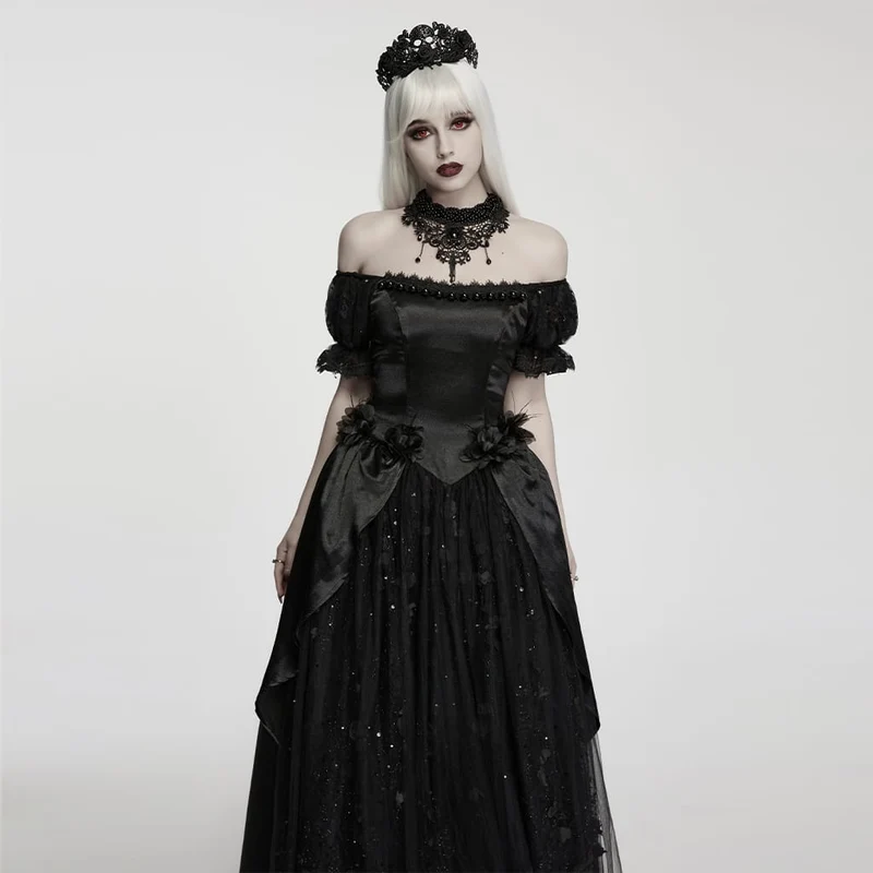 Schwarzes Gothic-Choker aus Spitze mit Perlen für Damen