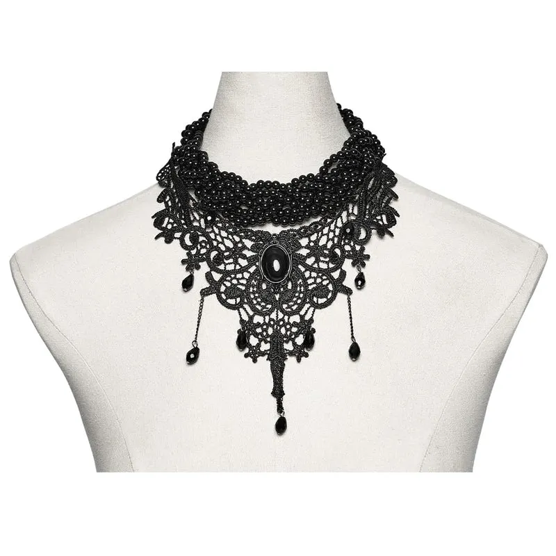Schwarzes Gothic-Choker aus Spitze mit Perlen für Damen