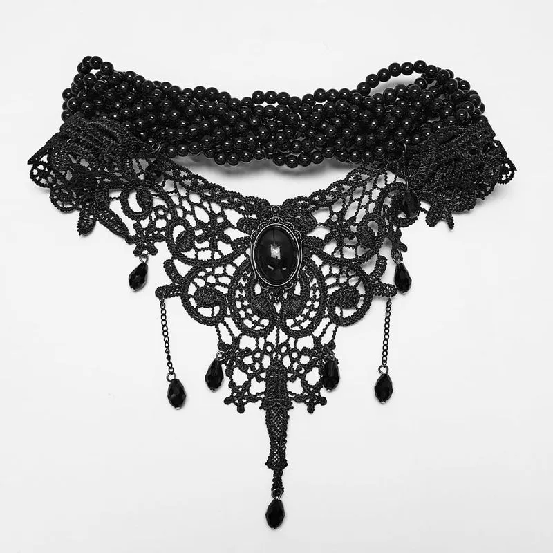 Schwarzes Gothic-Choker aus Spitze mit Perlen für Damen