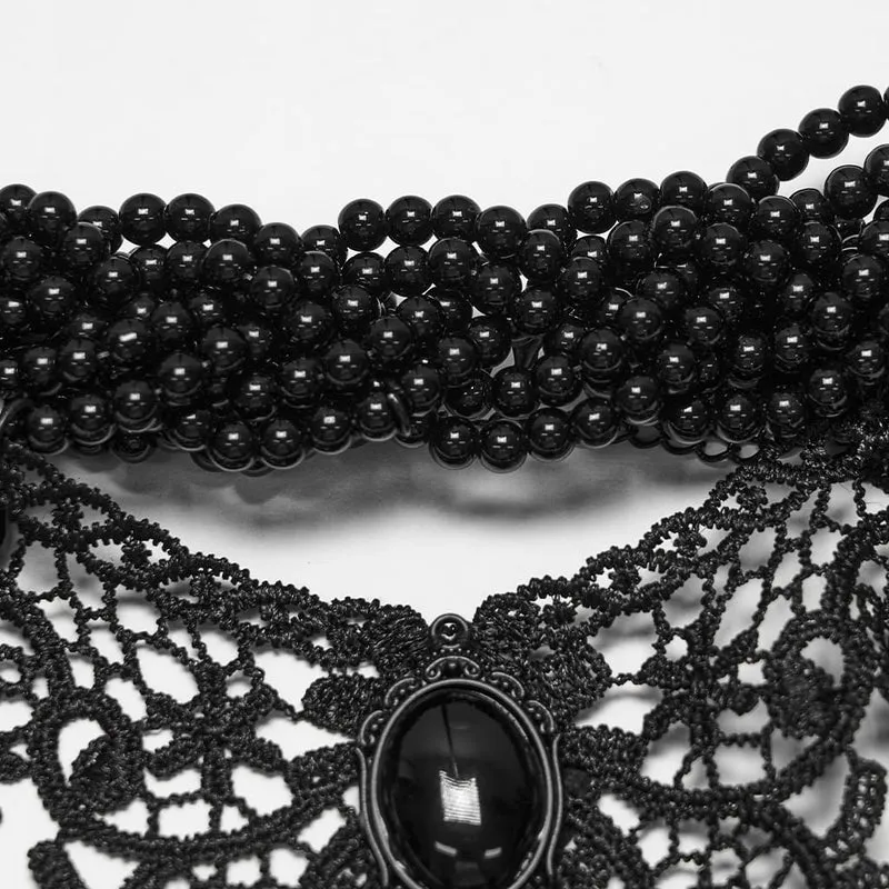 Schwarzes Gothic-Choker aus Spitze mit Perlen für Damen