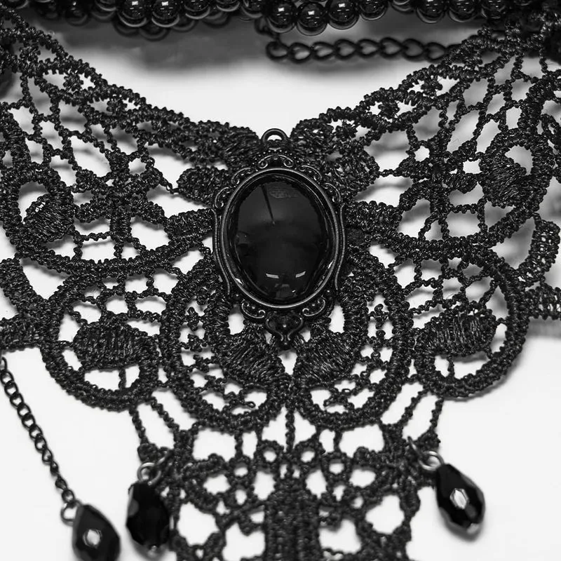 Schwarzes Gothic-Choker aus Spitze mit Perlen für Damen