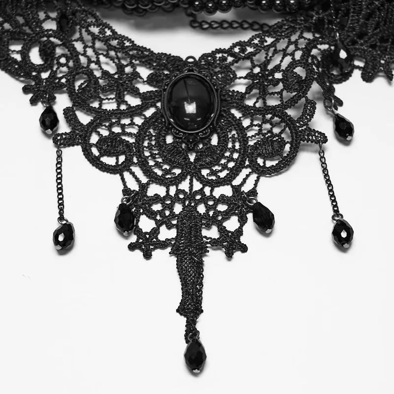 Schwarzes Gothic-Choker aus Spitze mit Perlen für Damen
