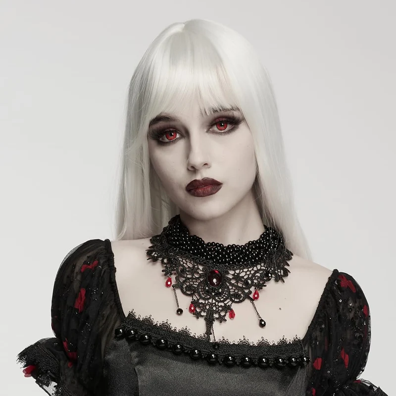 Gothic-Choker mit Perlen und Spitze für Damen, Schwarz-Rot