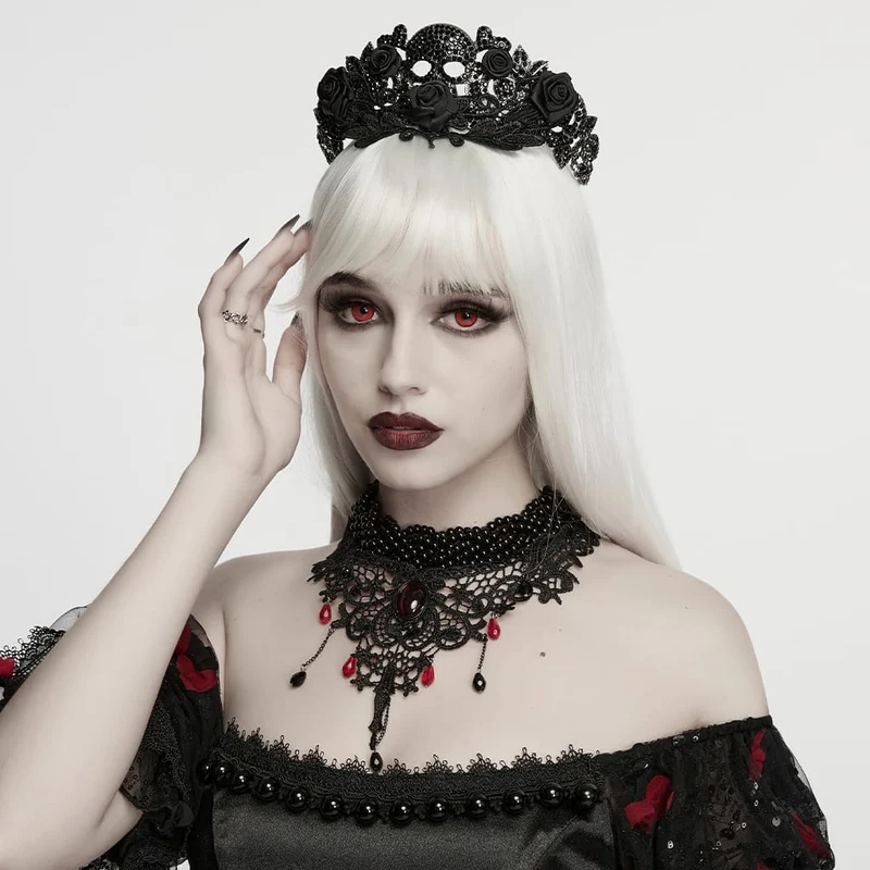 Gothic-Choker mit Perlen und Spitze für Damen, Schwarz-Rot