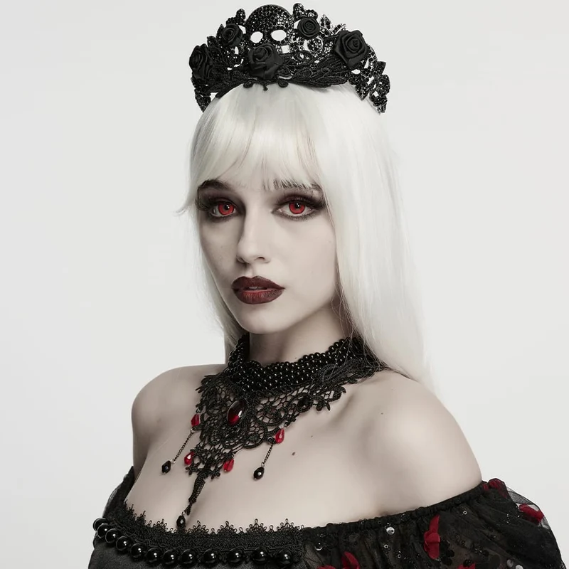 Gothic-Choker mit Perlen und Spitze für Damen, Schwarz-Rot