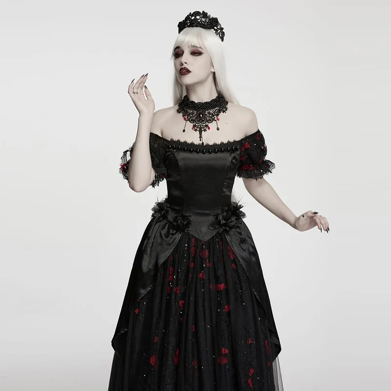 Gothic-Choker mit Perlen und Spitze für Damen, Schwarz-Rot