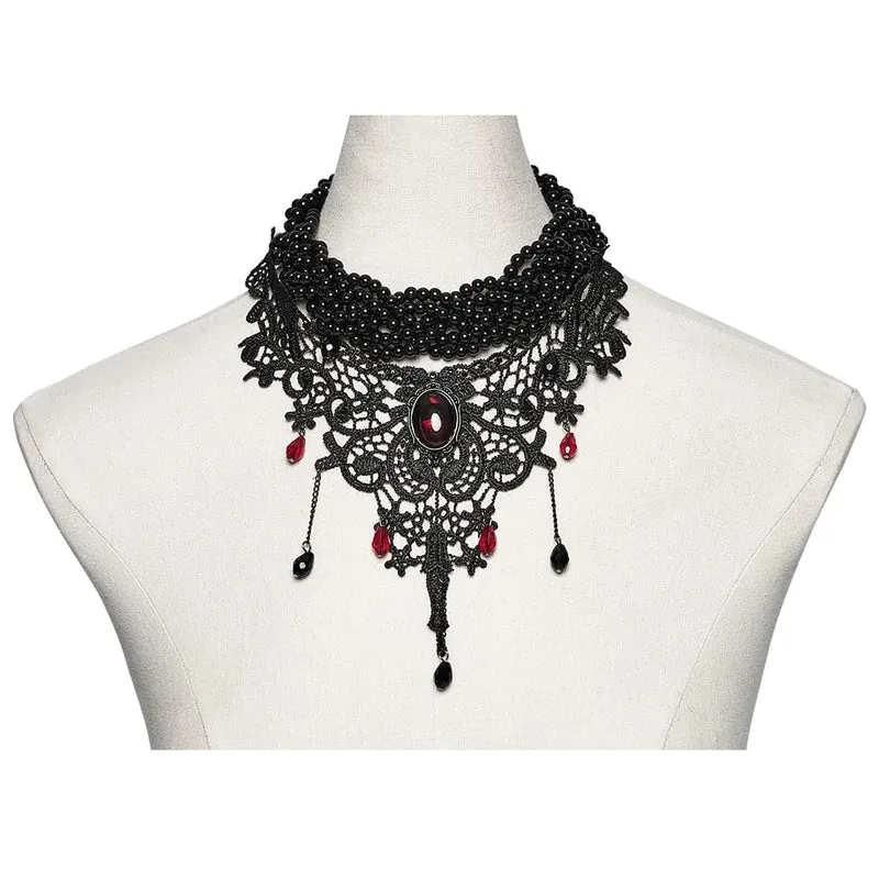 Gothic-Choker mit Perlen und Spitze für Damen, Schwarz-Rot