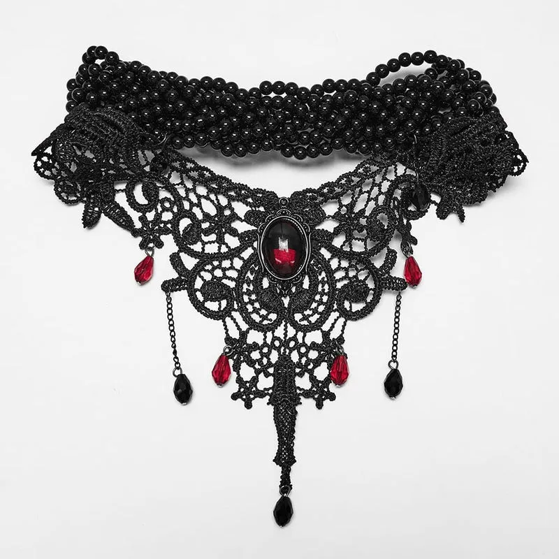 Gothic-Choker mit Perlen und Spitze für Damen, Schwarz-Rot