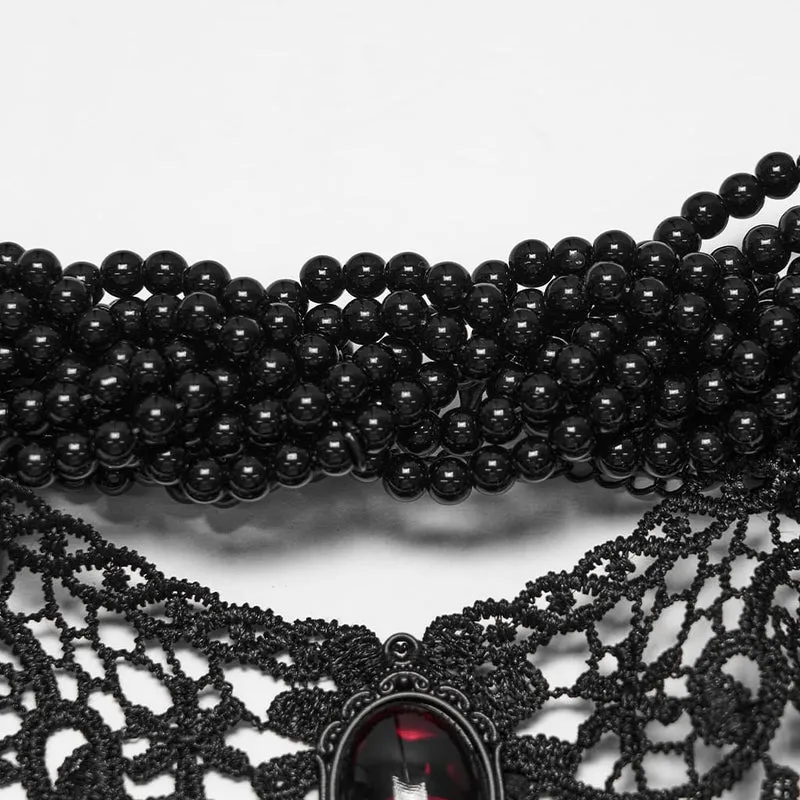 Gothic-Choker mit Perlen und Spitze für Damen, Schwarz-Rot