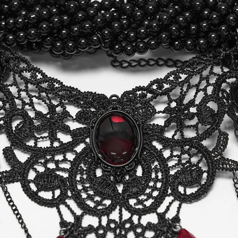 Gothic-Choker mit Perlen und Spitze für Damen, Schwarz-Rot