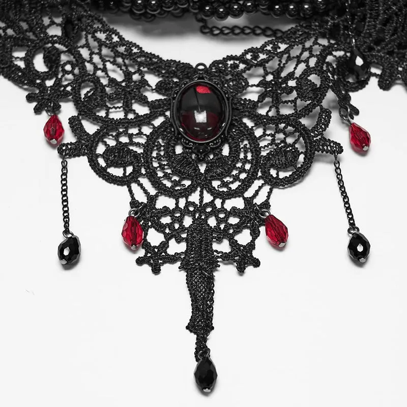 Gothic-Choker mit Perlen und Spitze für Damen, Schwarz-Rot