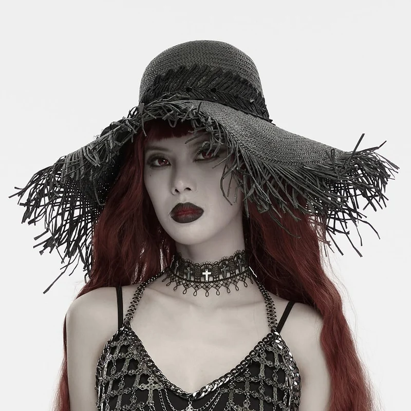 Gothic-Strohhut für Damen mit Rosenapplikation und breiter Krempe