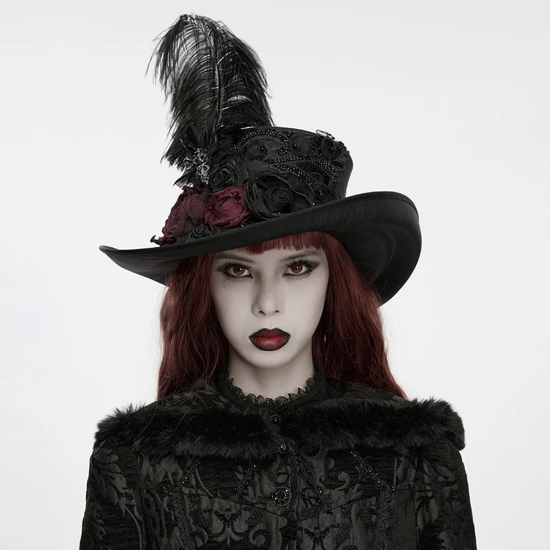 Gothic-Zylinderhut für Damen mit Rosen- und Federapplikationen