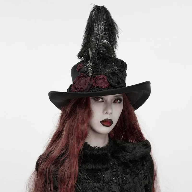 Gothic-Zylinderhut für Damen mit Rosen- und Federapplikationen