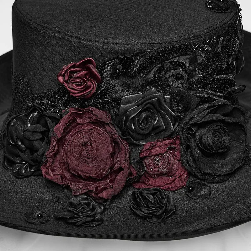 Gothic-Zylinderhut für Damen mit Rosen- und Federapplikationen