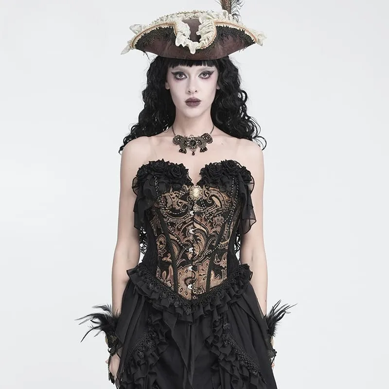 Gothic-Jacquard-Rosen-Overbust-Korsett für Damen mit asymmetrischen, fließenden Chiffon-Säumen