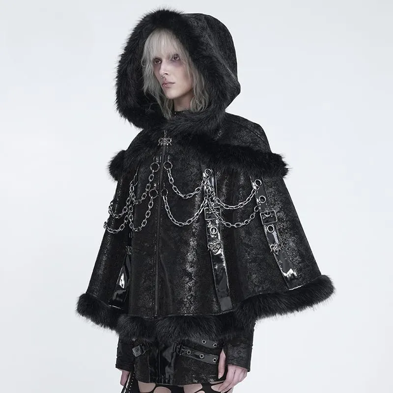Gothic-Umhang für Damen mit Kettenverzierungen, strukturierter Kapuze