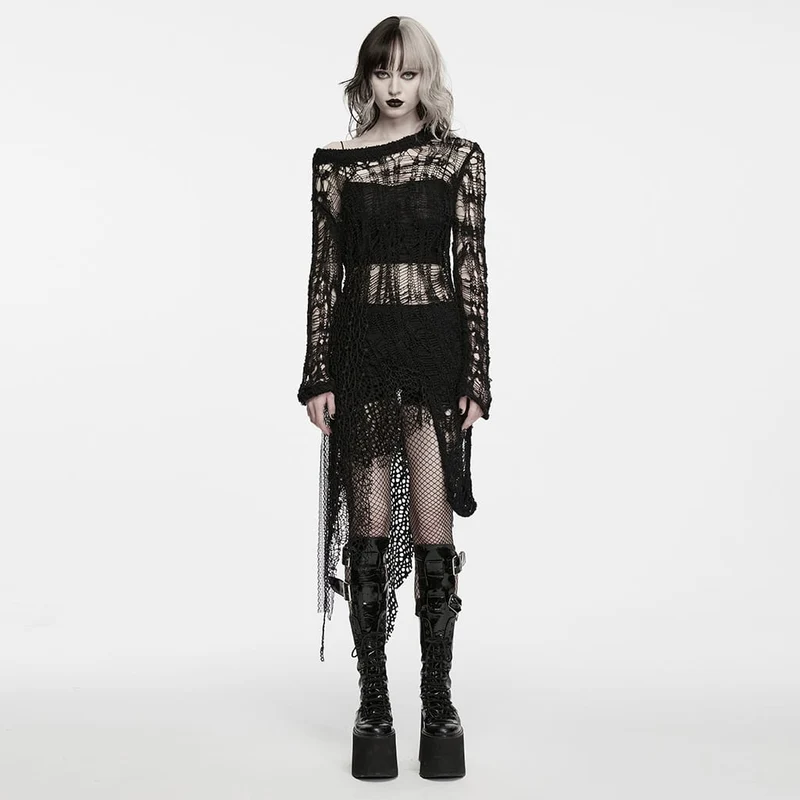 Gothic-Kleid für Damen mit ausgefranstem, unregelmäßigem Saum und langen Ärmeln