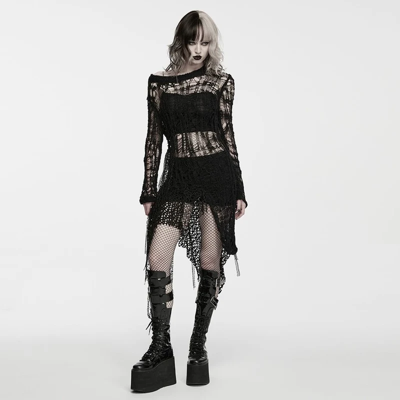 Gothic-Kleid für Damen mit ausgefranstem, unregelmäßigem Saum und langen Ärmeln