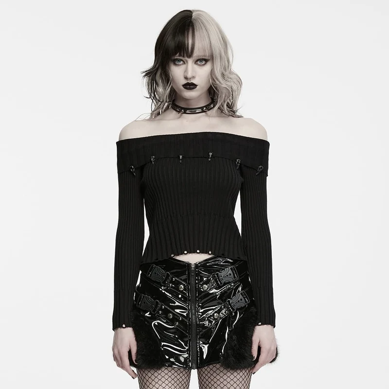 Punk-Pullover mit Rabenschädel-Verzierung und schulterfreiem Rippstrickbündchen für Damen