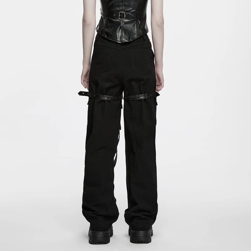 Punk-Hose für Damen mit Oberschenkelschnalle, gekreuzten Riemen, mehreren Taschen und geradem Bein