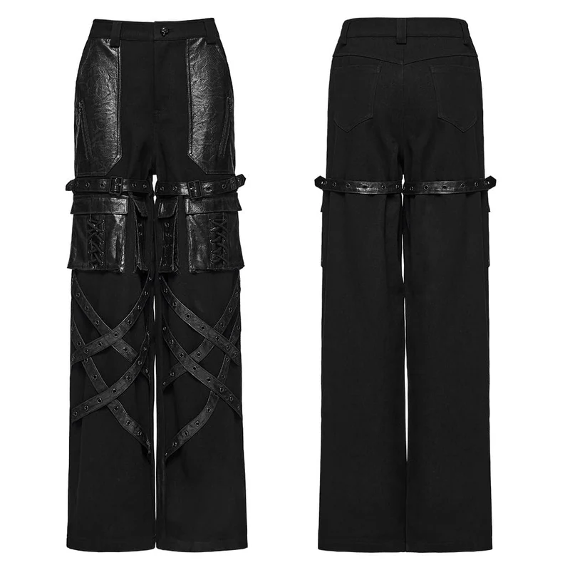 Punk-Hose für Damen mit Oberschenkelschnalle, gekreuzten Riemen, mehreren Taschen und geradem Bein