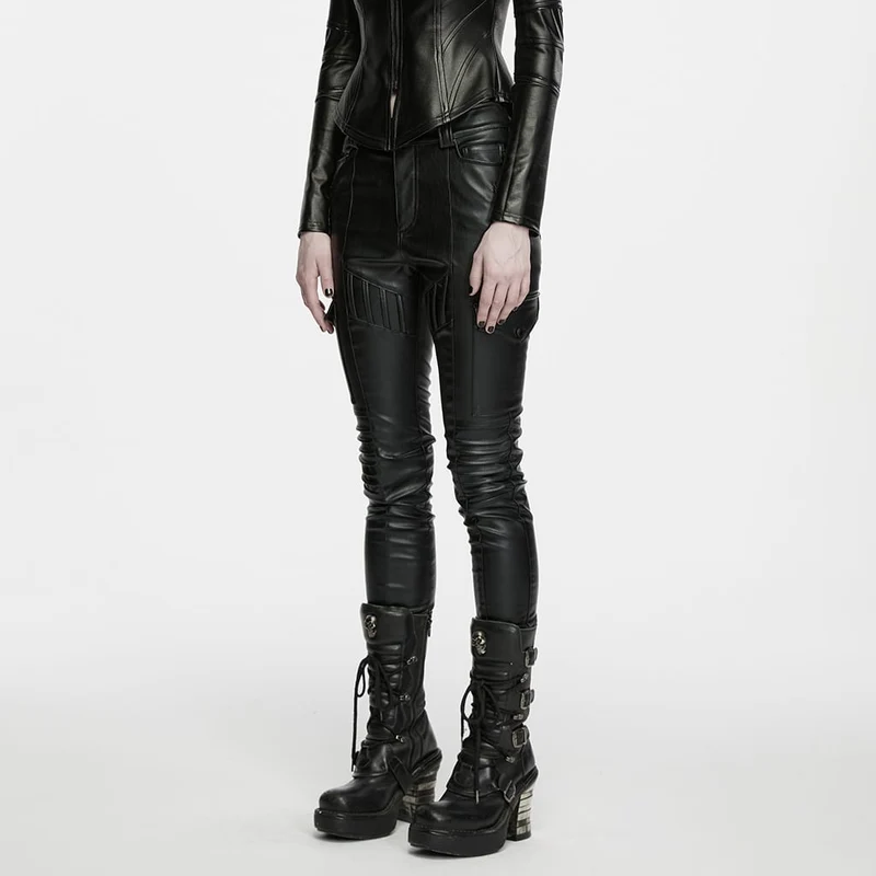 Cyberpunk-Skinny-Hose für Damen mit mehreren Taschen, gerafften Knien und Kunstleder-Details