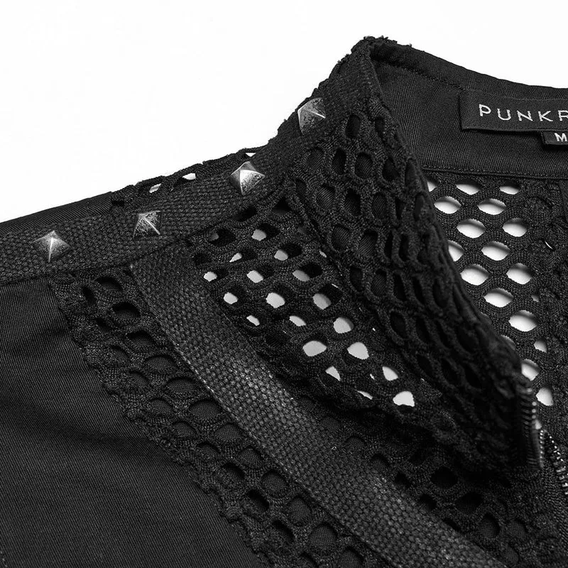 Punk-Weste mit Stehkragen und Netzspleiß und Nieten für Herren